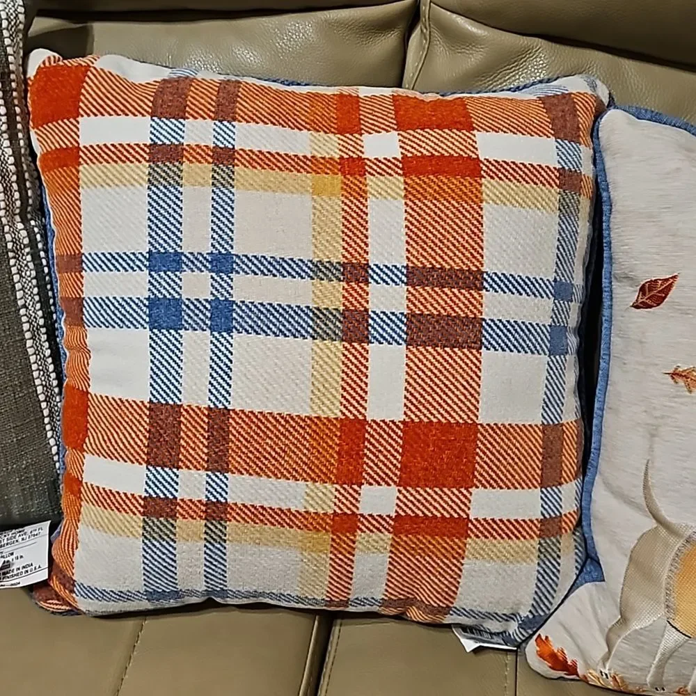 Fall Plaid Decor Throw Pillow Reversible Orange, Blue & Cream NWT